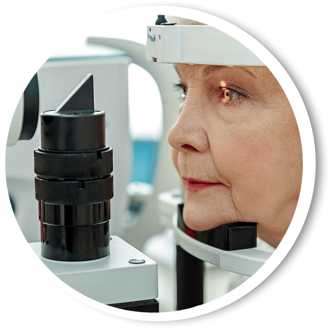 GCV_Cataract_eval Older woman getting an eye exam
